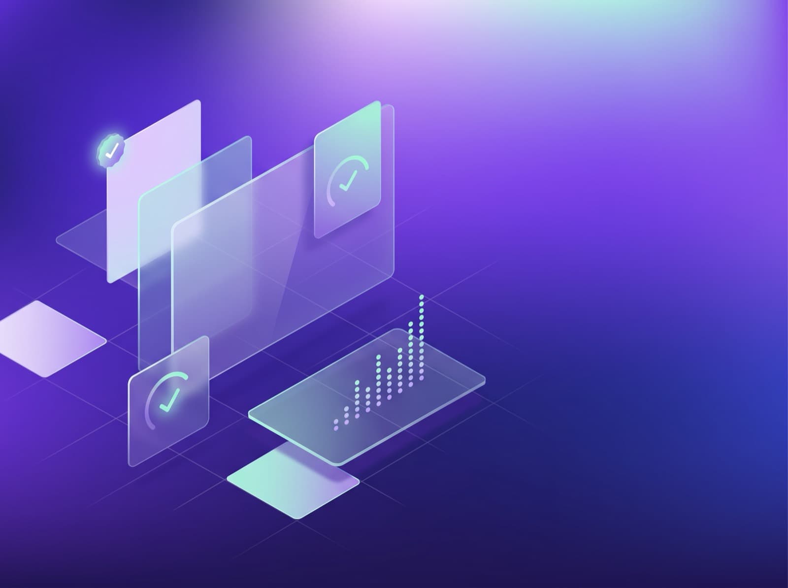 Abstract illustration: layered frosted-glass panels floating in violet space, marked with checkmarks and progress arcs representing auto-graded submissions, beside an upward bar chart made of glowing dots.